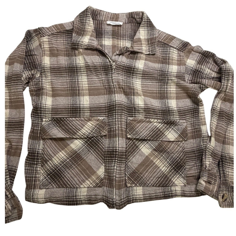 Beachlunchlounge Brown Plaid Zip Up Shirt Jacket Small LCO5610 Cotton